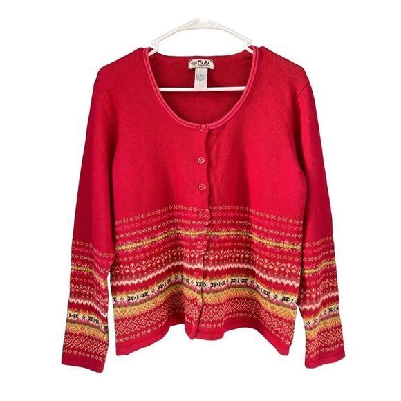 T4 VTG Tiara International Cardigan Sweater Fair Isle Knit Red Cotton Blend‎ - Picture 1 of 4